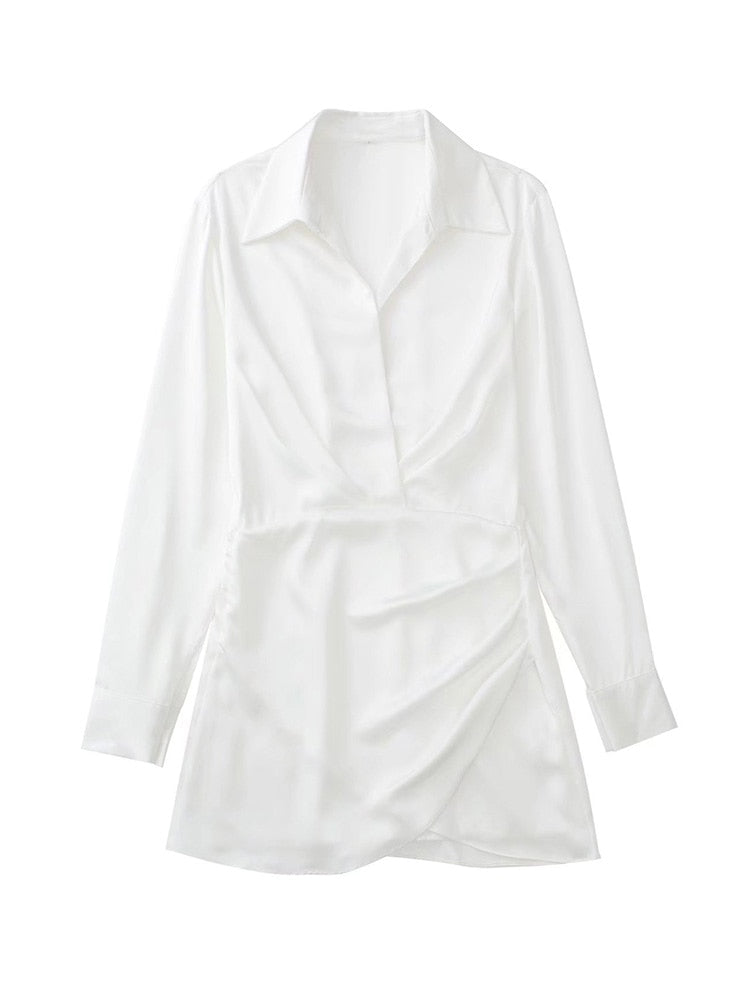 Vestido de Festa Curto Social Drapeado Cetim Manga longa  branco