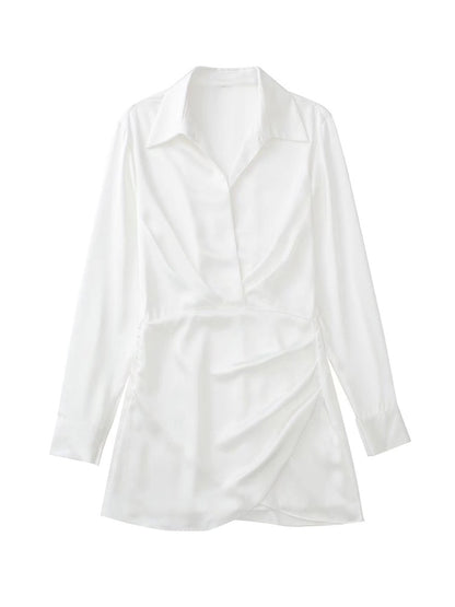 Vestido de Festa Curto Social Drapeado Cetim Manga longa  branco