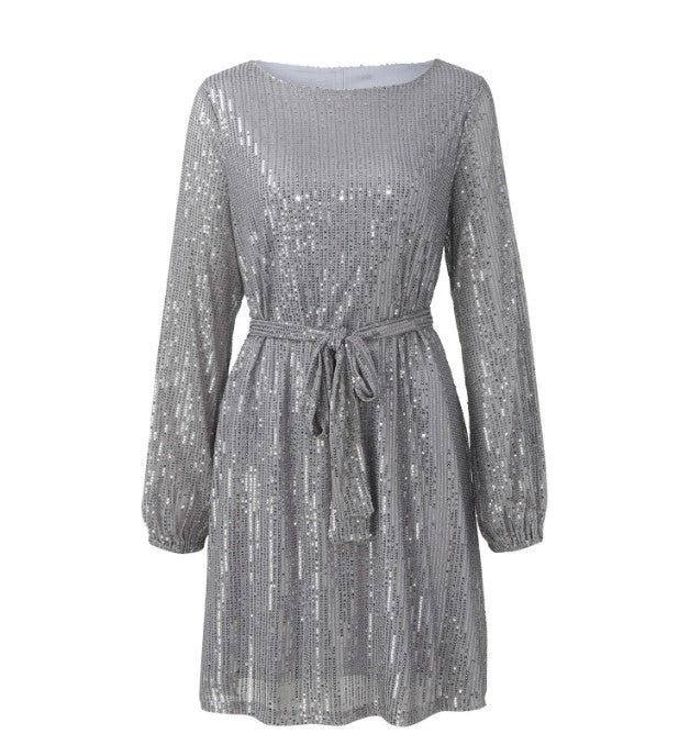 Vestido de Festa Paetês Curto de Manga prata brilho