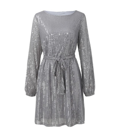 Vestido de Festa Paetês Curto de Manga prata brilho