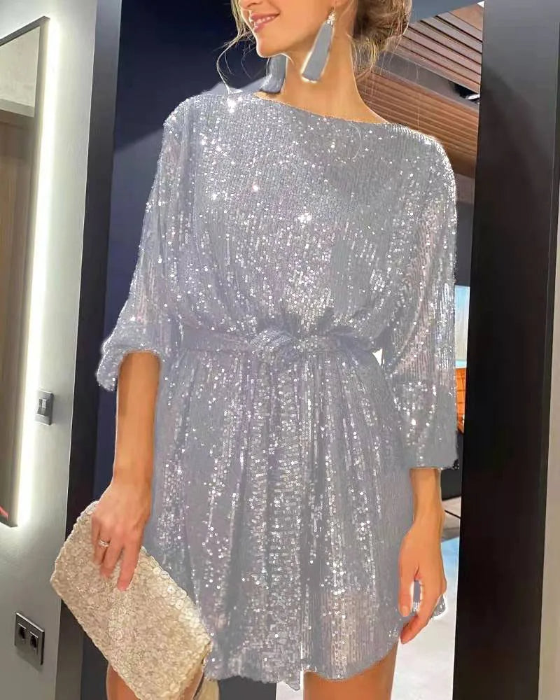 Vestido de Festa Paetês Curto de Manga prata brilhoso