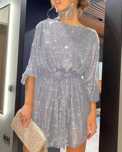 Vestido de Festa Paetês Curto de Manga prata brilhoso