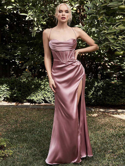 Vestido Longo de Casamento Cetim Fenda Alcinha madrinha rosa