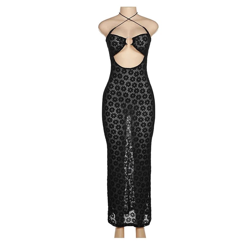 Vestido de festa Longo de renda Transparente Argola Praia Festival preto alcinha
