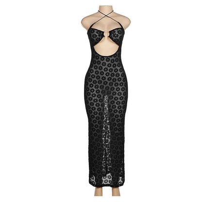 Vestido de festa Longo de renda Transparente Argola Praia Festival preto alcinha