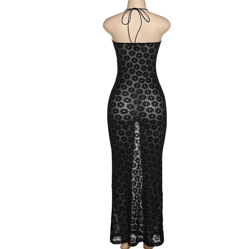 Vestido de festa Longo de renda Transparente Argola Praia Festival preto alcinha