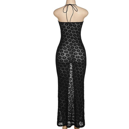 Vestido de festa Longo de renda Transparente Argola Praia Festival preto alcinha