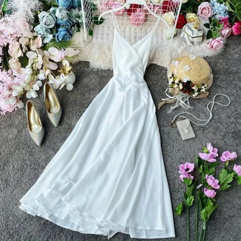 Vestido de Festa Midi de Cetim Laço nas Costas