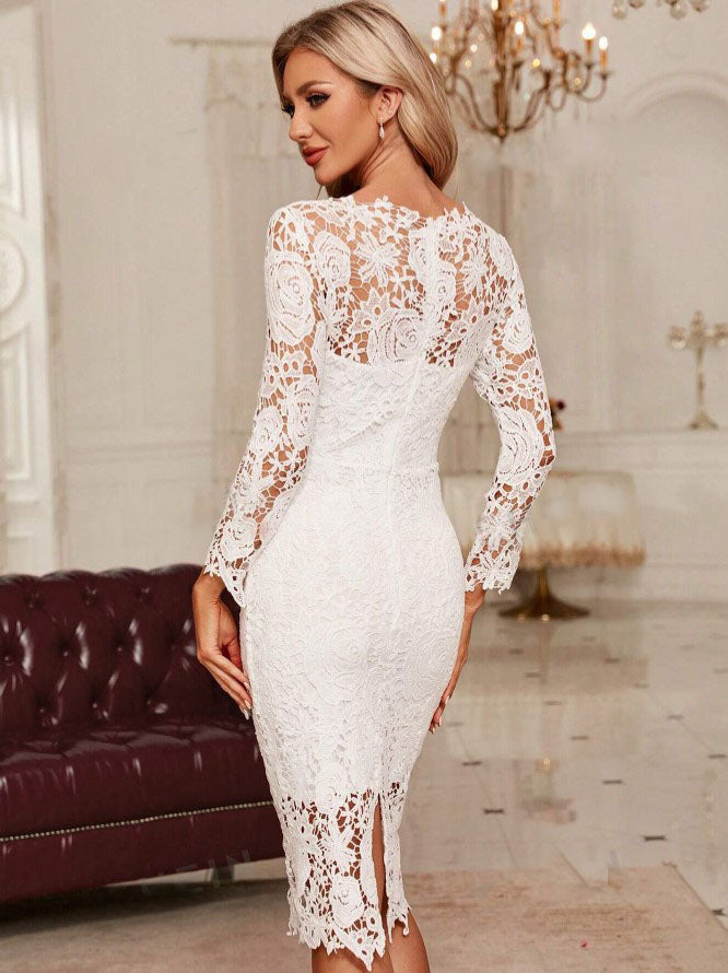 Vestido de Festa de Renda Tubinho Casamento branco transparências manga longa midi