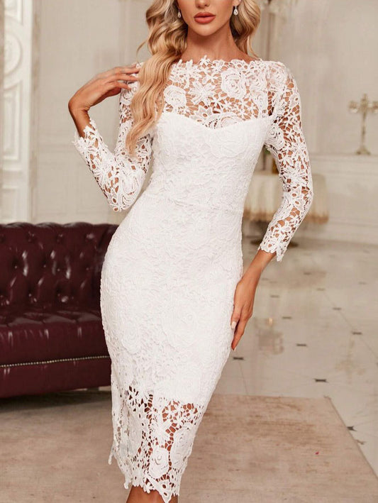 Vestido de Festa de Renda Tubinho Casamento branco transparências manga longa midi