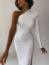 Vestido de festa Tubinho Fenda de Um Ombro Manga Longa branco liso