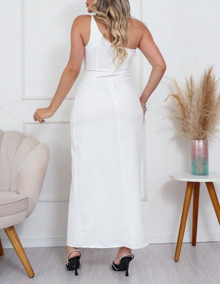 Vestido de Festa Tubinho Longo Fenda Um Ombro branco casamento formatura