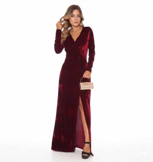 Vestido de Festa Longo de Veludo Manga Longa fenda lateral marsala vinho bordô
