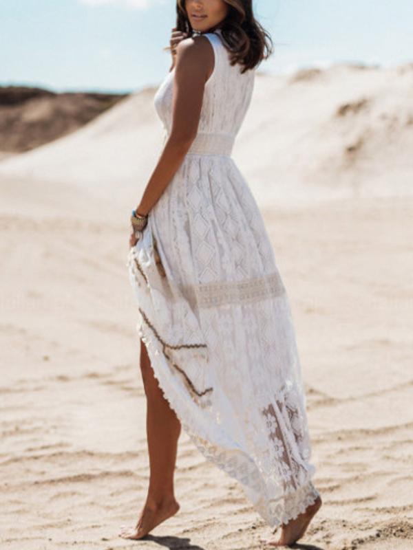 vestido longo de renda boho chic regata branco