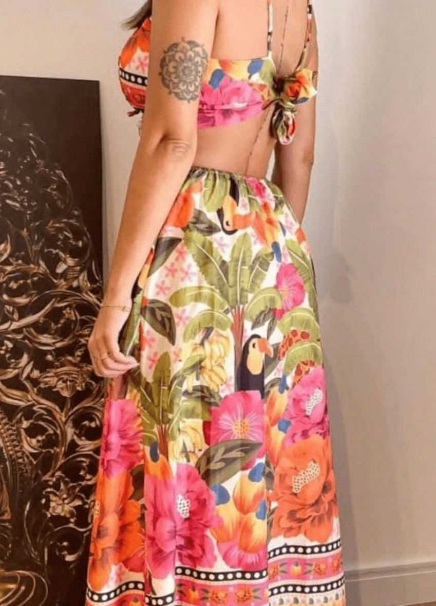 Vestido Longo estampa Tropical Cut-Out Amarração recortes amarração verão bojo