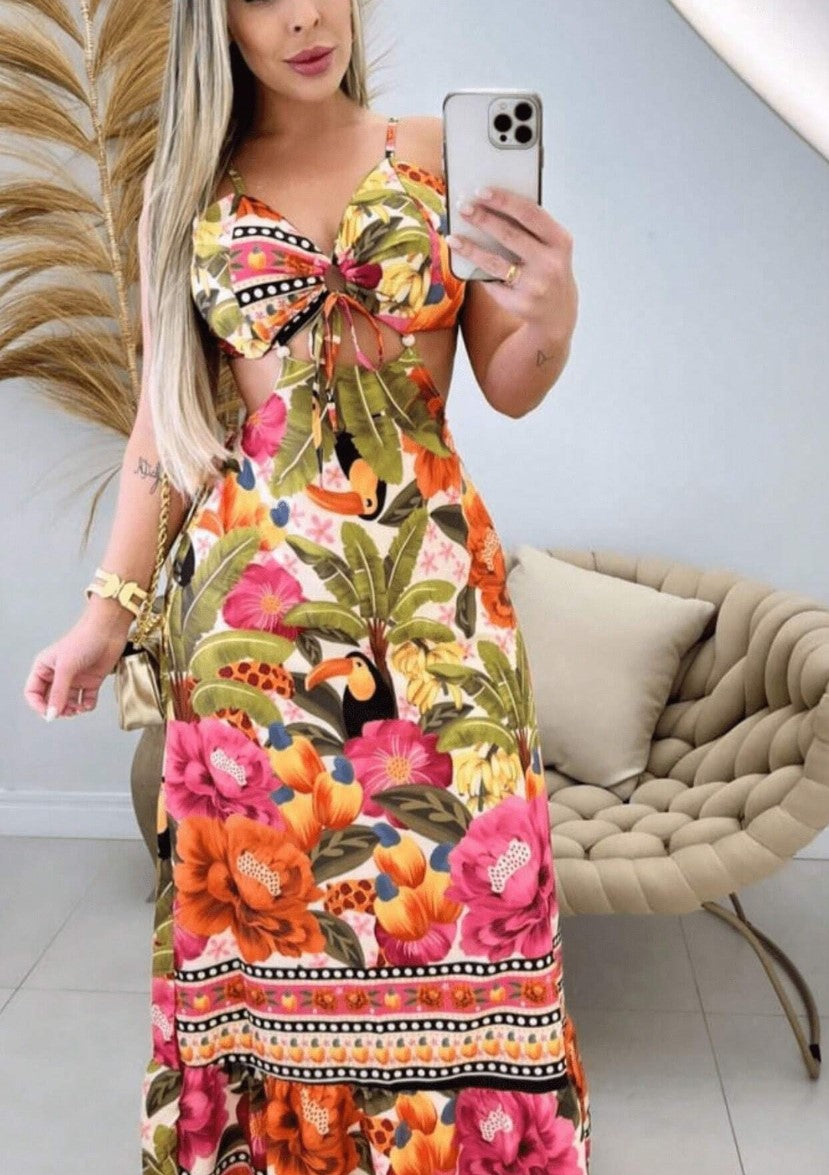 Vestido Longo estampa Tropical Cut-Out Amarração recortes amarração verão bojo