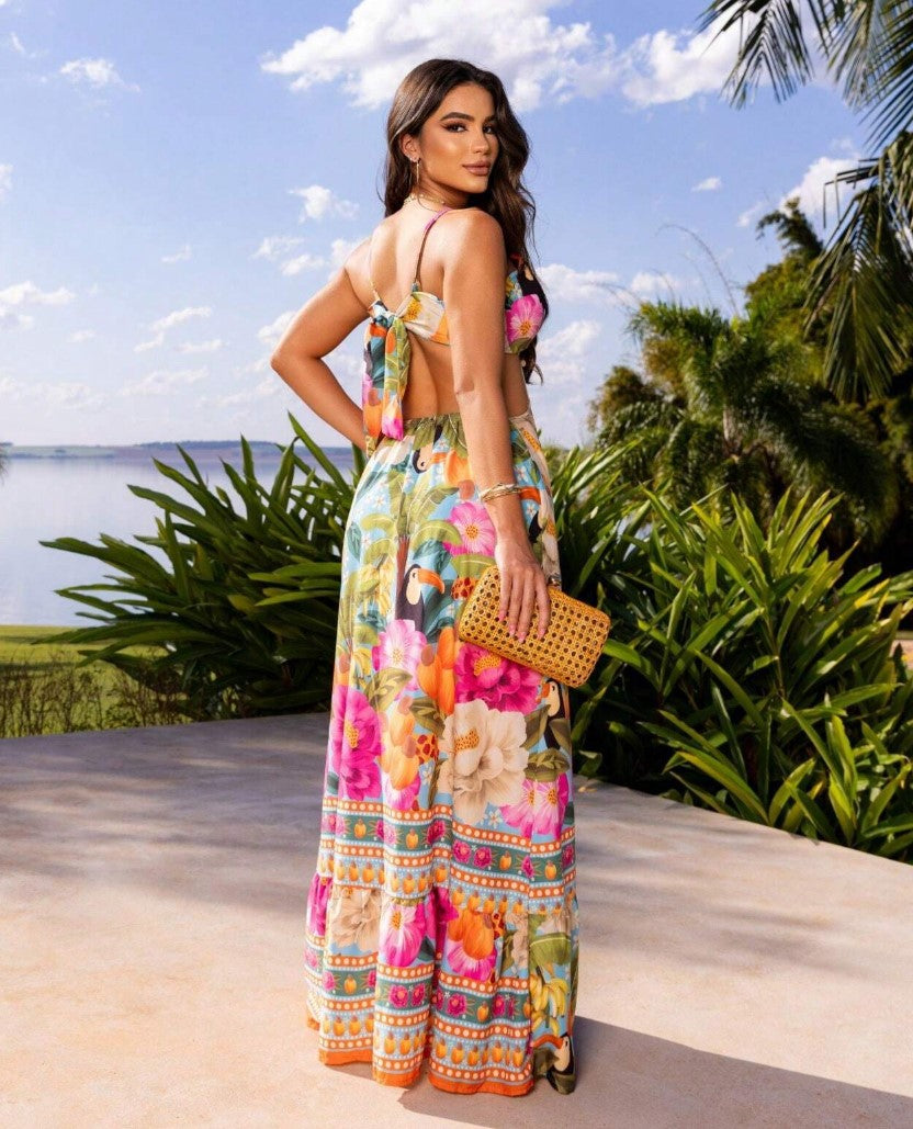 Vestido Longo estampa Tropical Cut-Out Amarração recortes amarração verão bojo
