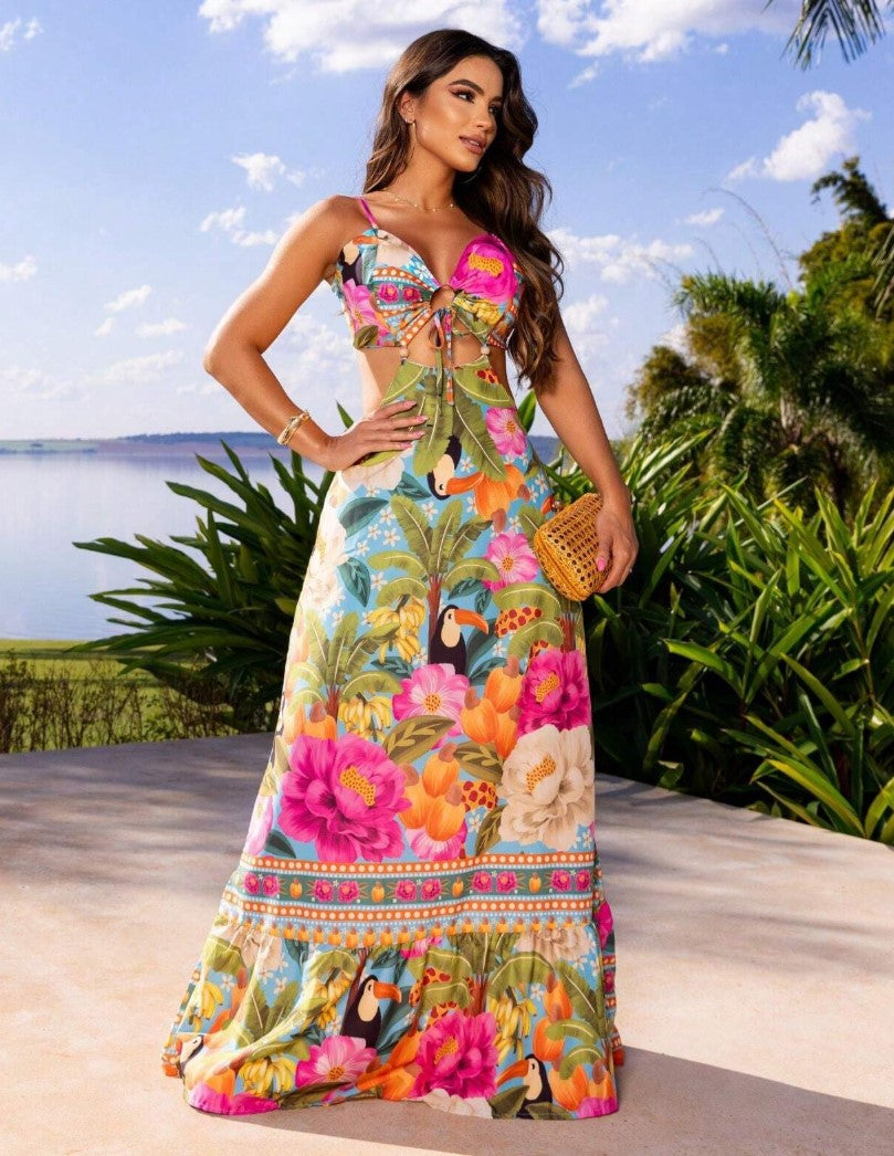 Vestido Longo estampa Tropical Cut-Out Amarração recortes amarração verão bojo