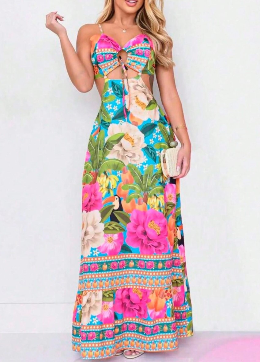 Vestido Longo estampa Tropical Cut-Out Amarração recortes amarração verão bojo