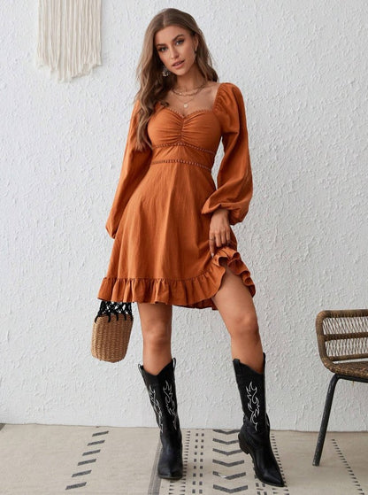 Vestido de Festa Boho chic Curto de Manga longa princesa acinturado