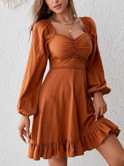 Vestido de Festa Boho Curto de Manga longa princesa acinturado terracota laranja queimado
