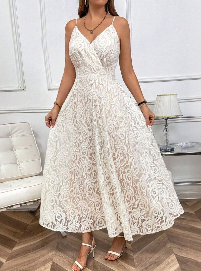 Vestido de Festa Longo Renda Branco Alcinha casamento civil formatura