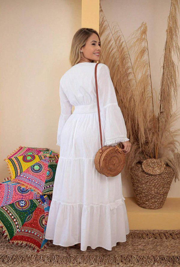 Vestido Longo c/Renda Boho Indiano Manga Flare branco casamento boho chic