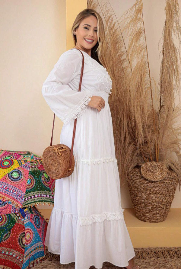 Vestido Longo c/Renda Boho Indiano Manga Flare branco casamento boho chic
