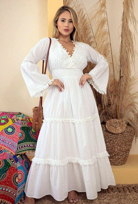 Vestido Longo c/Renda Boho Indiano Manga Flare branco casamento boho chic