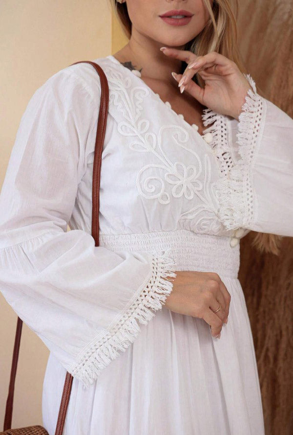 Vestido Longo c/Renda Boho Indiano Manga Flare branco casamento boho chic