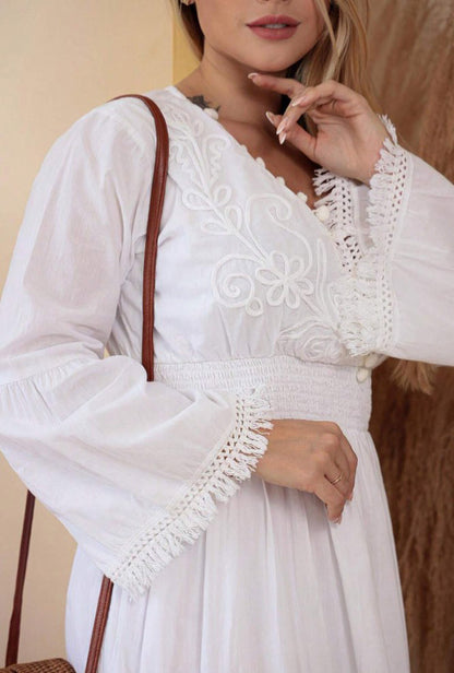 Vestido Longo c/Renda Boho Indiano Manga Flare branco casamento boho chic