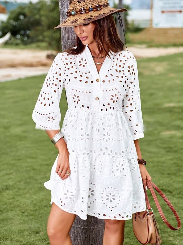 Vestido de Lese Boho chic Chemise Manga 3/4 leve casual soltinho meia-estação branco