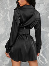 Vestido de Festa Curto preto Cintura marcada Cetim Manga longa preto