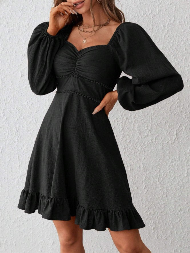 Vestido de Festa Boho chic Curto de Manga longa princesa acinturado preto