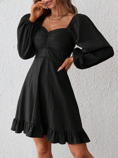 Vestido de Festa Boho chic Curto de Manga longa princesa acinturado preto