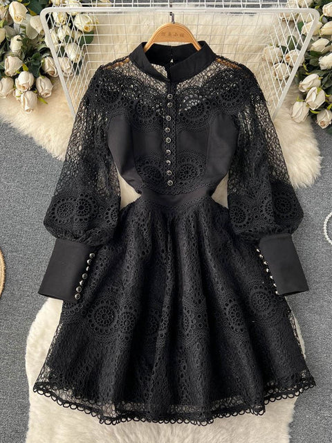 vestido de festa curto de renda manga transparências elegante preto gola alta