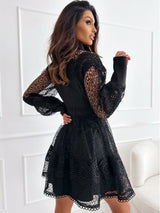 vestido de festa curto de renda manga transparências elegante preto gola alta