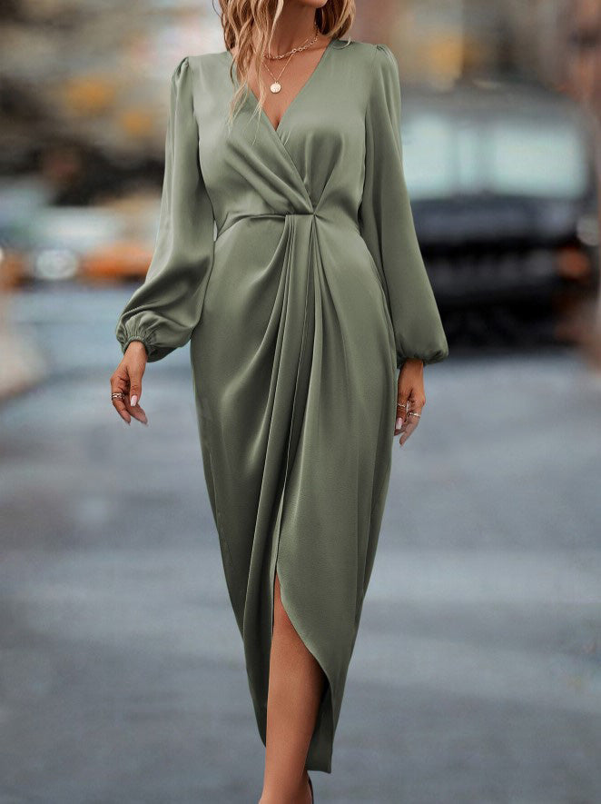 Vestido de Festa Longo Cetim Manga Longa elegante sofisticado verde claro musgo