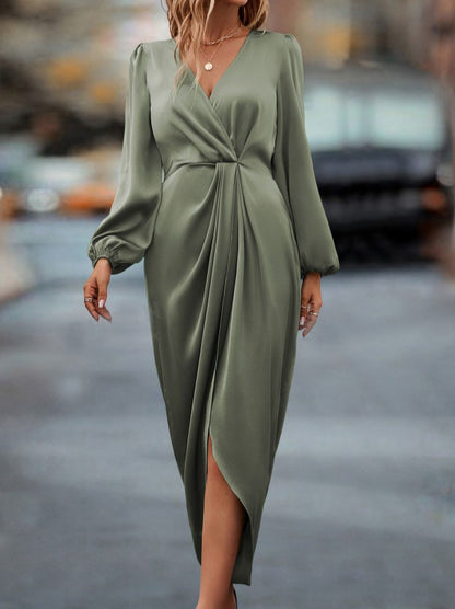 Vestido de Festa Longo Cetim Manga Longa elegante sofisticado verde claro musgo