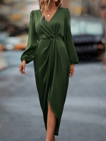 Vestido de Festa Longo Cetim Manga Longa elegante sofisticado verde militar