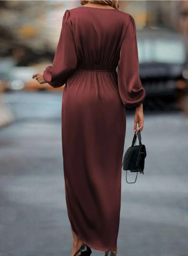 Vestido de Festa Longo Cetim Manga Longa elegante sofisticado marrom