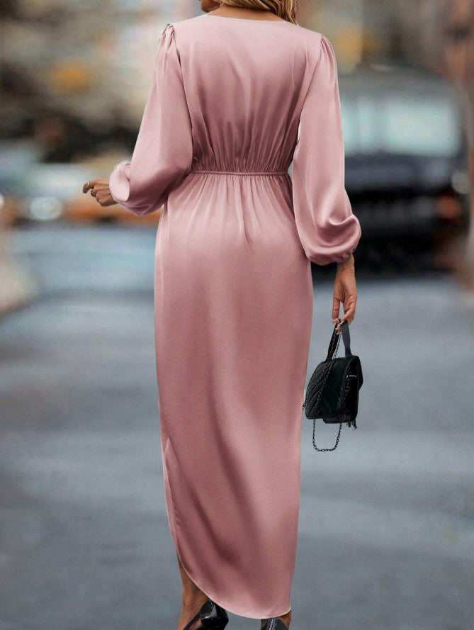 Vestido de Festa Longo Cetim Manga Longa Rosê elegante sofisticado 