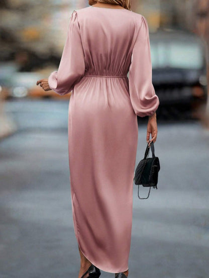 Vestido de Festa Longo Cetim Manga Longa Rosê elegante sofisticado 