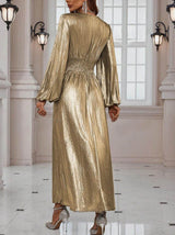 Vestido de Festa Longo Lurex Manga Longa metalizado ouro envelhecido dourado
