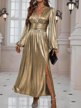 Vestido de Festa Longo Lurex Manga Longa metalizado ouro envelhecido dourado