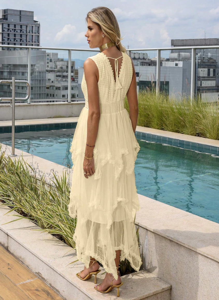 Vestido de Festa Longo Camadas Tule c/Renda
