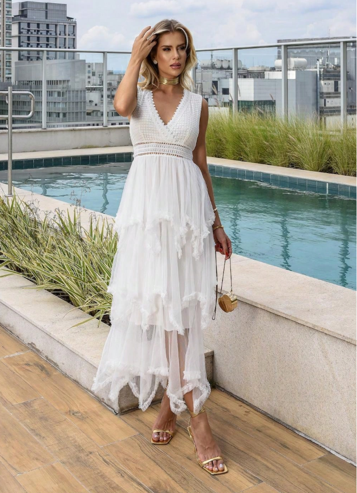 Vestido de Festa Longo Camadas Tule c/Renda