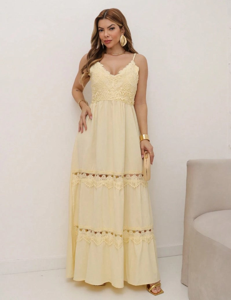 Vestido Longo de Festa Decote V c/Renda reveillon alcinha verão amarelo