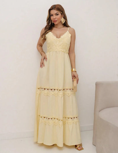 Vestido Longo de Festa Decote V c/Renda reveillon alcinha verão amarelo