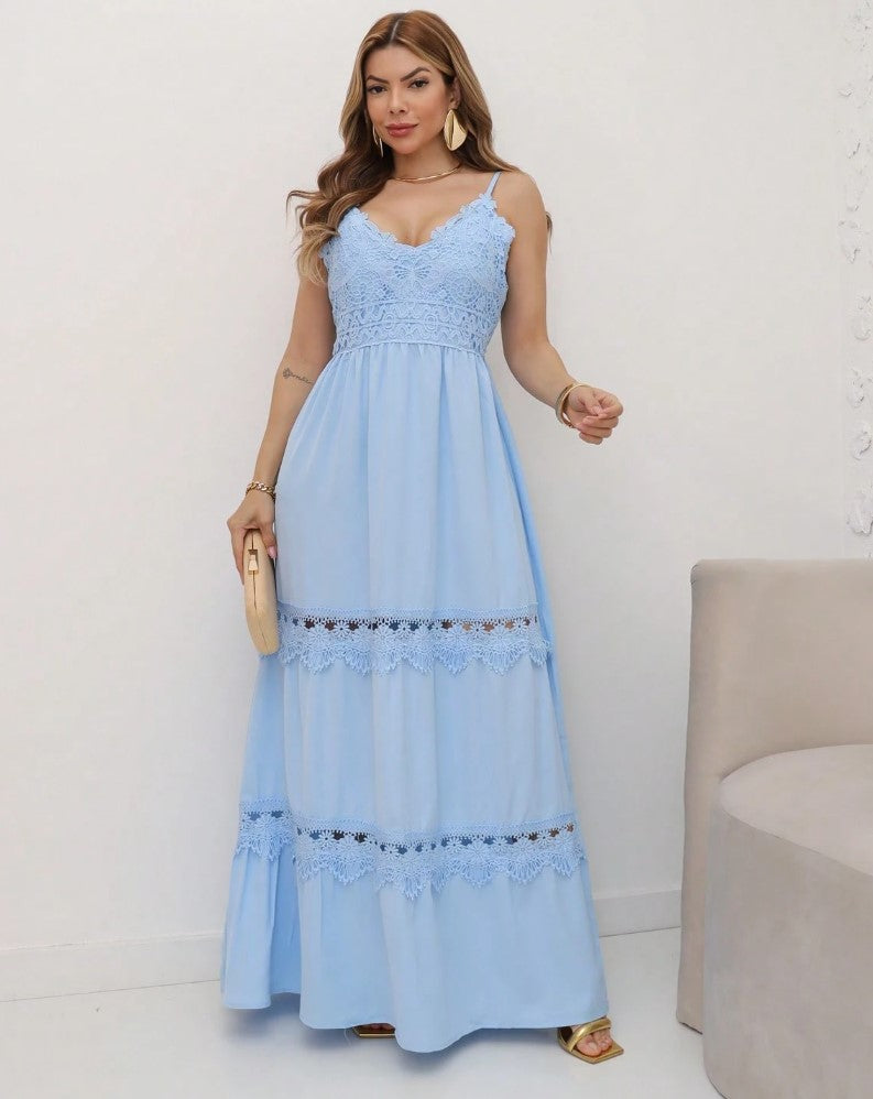 Vestido Longo de Festa Decote V c/Renda reveillon alcinha verão azul serenity